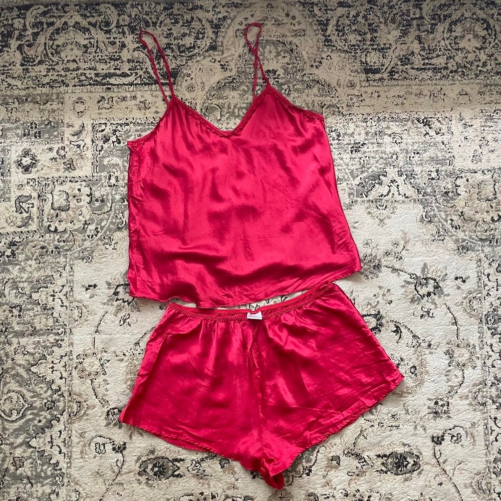 Vintage La Senza Silk Pajama Set Women Sz XL Red Coquette Quiet Luxury Sleepwear